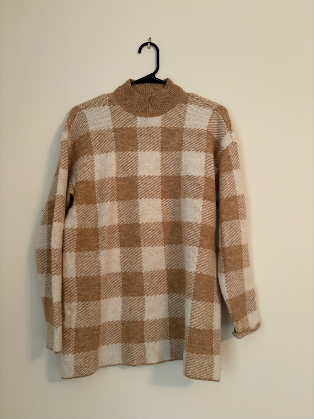 LOFT Beige & Cream Checkered Mock Neck Sweater